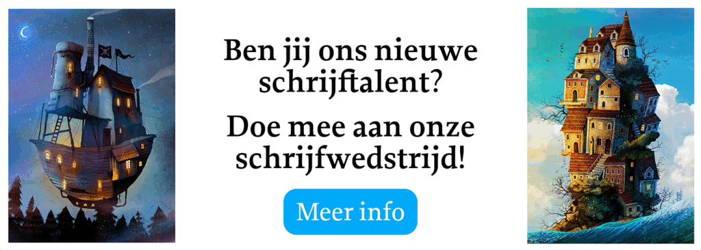 Headerbeeld schrijfwedstrijd. Tekst: "Ben jij ons nieuwe schrijftalent? Doe mee aan onze schrijfwedstrijd!" en een knop met "Meer info". 